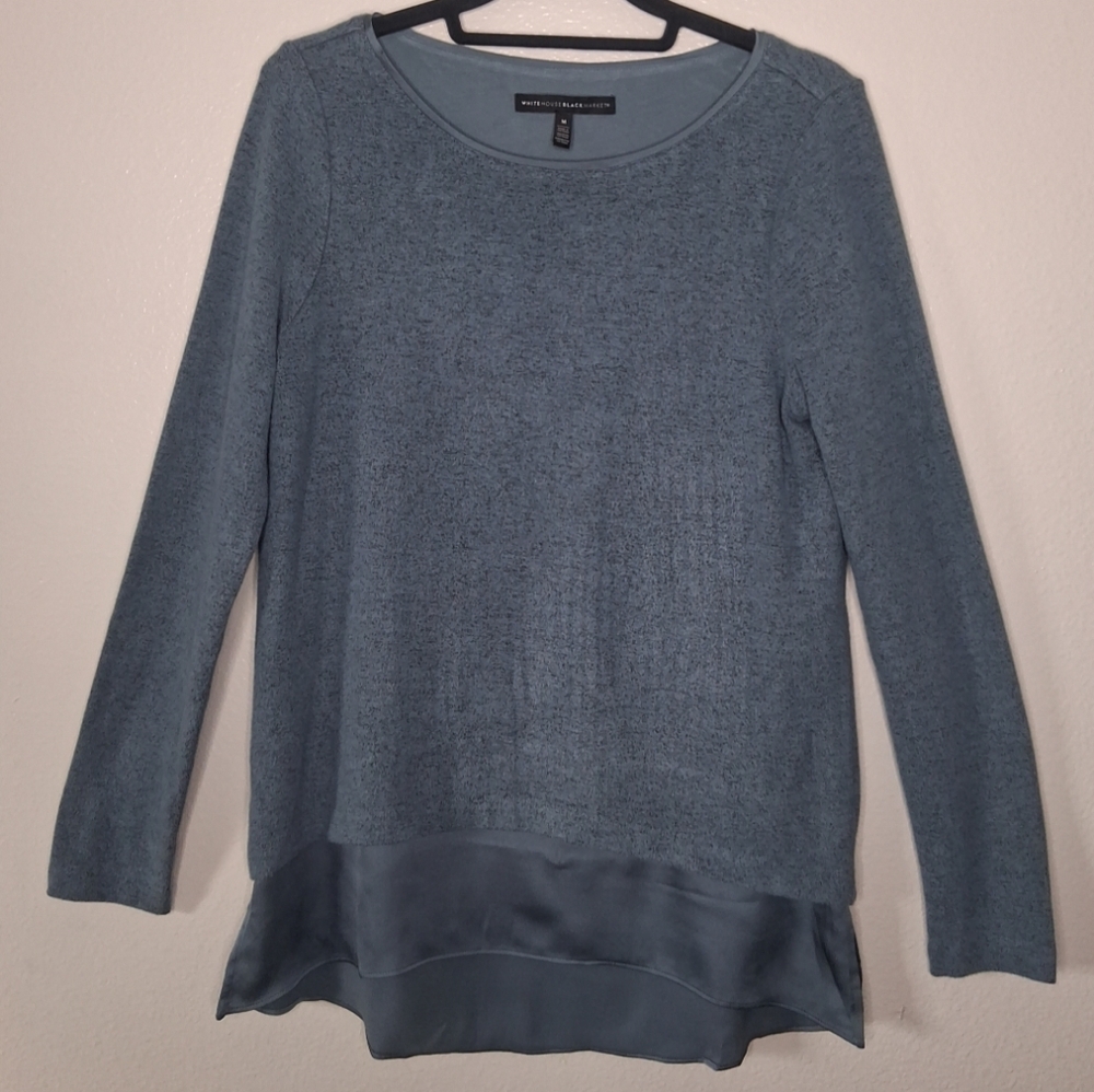 White House Black Market Womens Pullover Sweatshirt Accented Satin Blue M